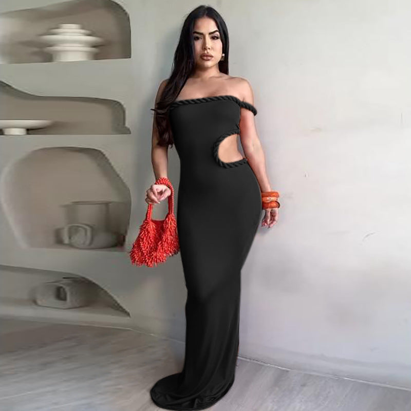 LADIES OFF THE SHOULDER CUT OUT LONG DRESS DARK ORANGE / BLACK (SIZE S - L)