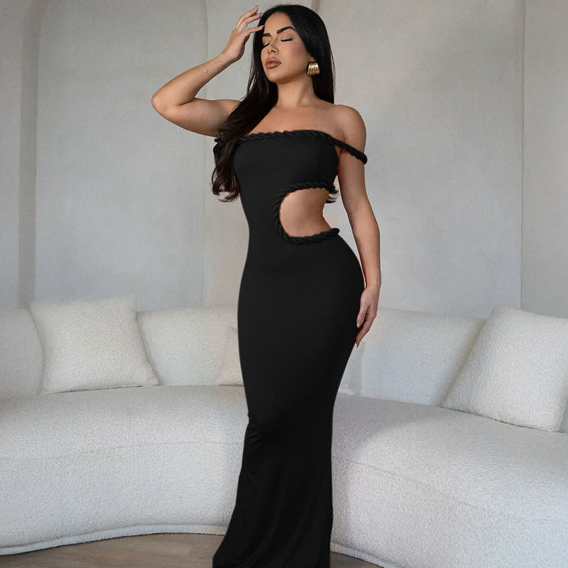 LADIES OFF THE SHOULDER CUT OUT LONG DRESS DARK ORANGE / BLACK (SIZE S - L)