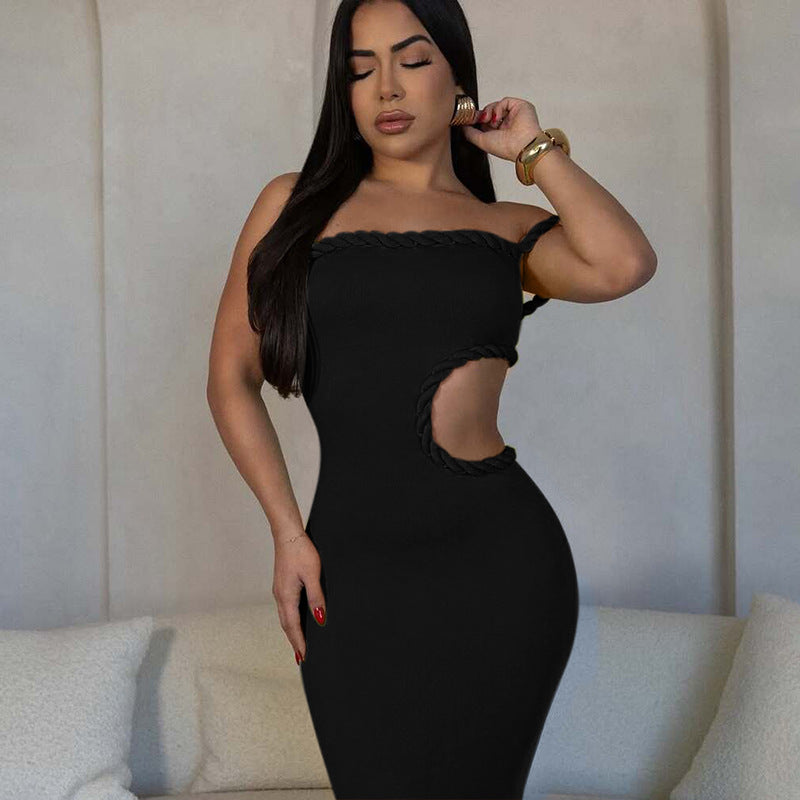 LADIES OFF THE SHOULDER CUT OUT LONG DRESS DARK ORANGE / BLACK (SIZE S - L)