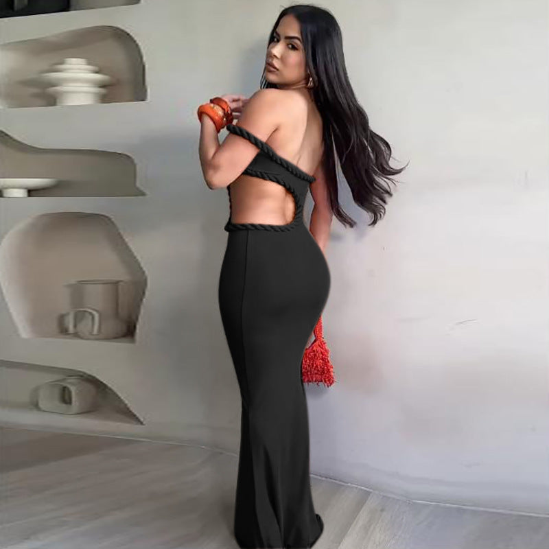 LADIES OFF THE SHOULDER CUT OUT LONG DRESS DARK ORANGE / BLACK (SIZE S - L)