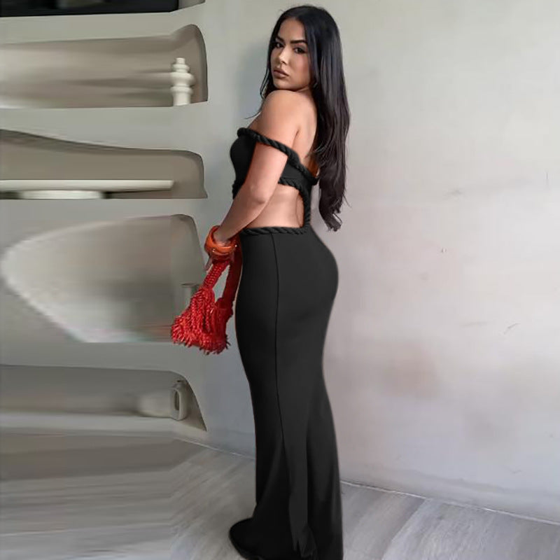 LADIES OFF THE SHOULDER CUT OUT LONG DRESS DARK ORANGE / BLACK (SIZE S - L)