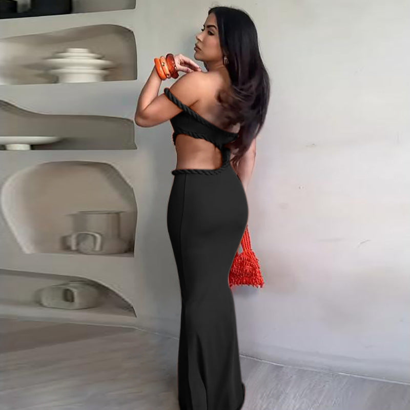 LADIES OFF THE SHOULDER CUT OUT LONG DRESS DARK ORANGE / BLACK (SIZE S - L)