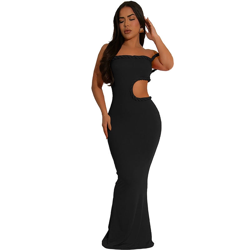LADIES OFF THE SHOULDER CUT OUT LONG DRESS DARK ORANGE / BLACK (SIZE S - L)