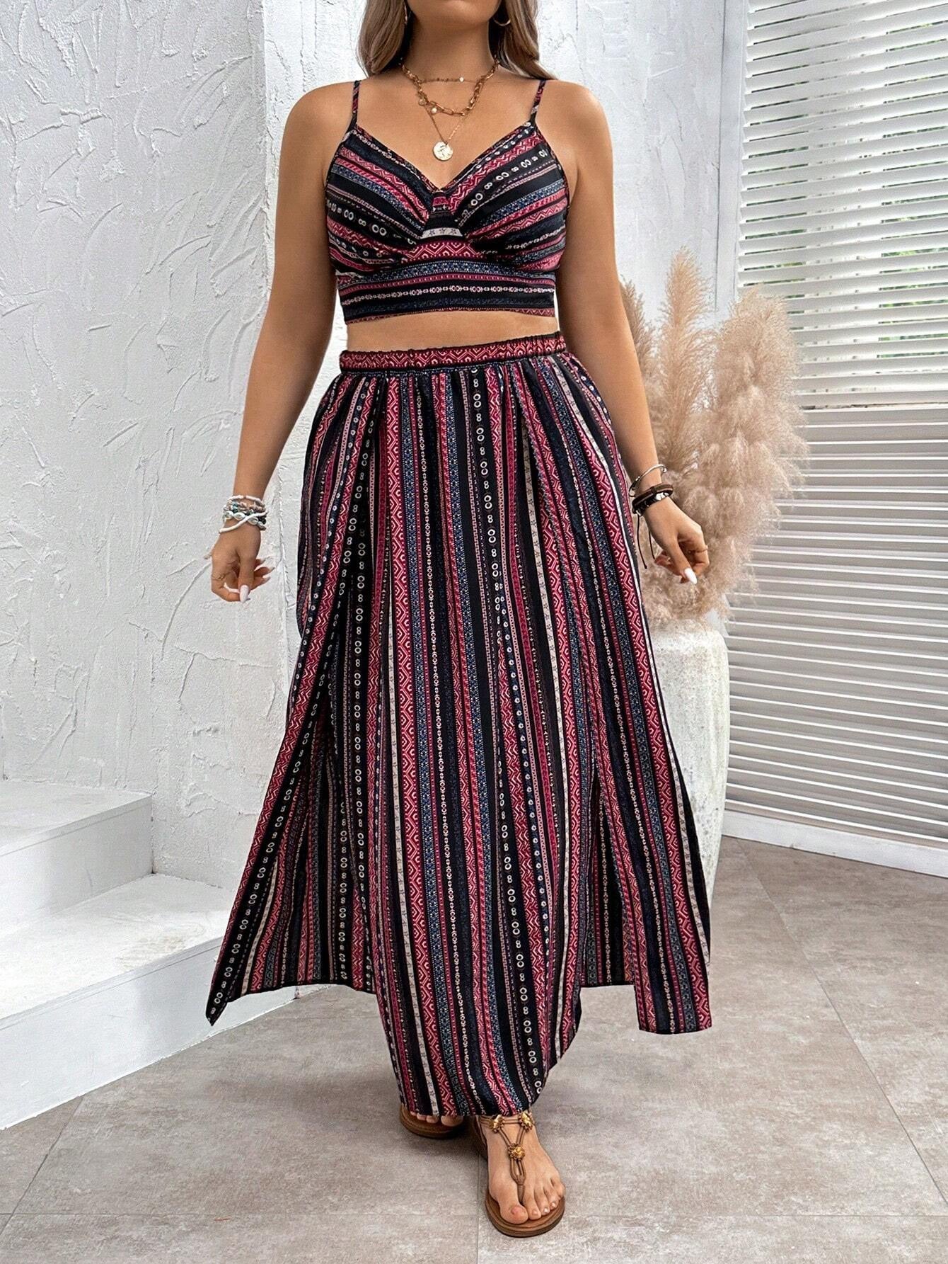 LADIES PLUS SIZE BOHEMIAN TOP & LONG SKIRT SET WINE RED / BLACK (SIZE XL - 4XL)