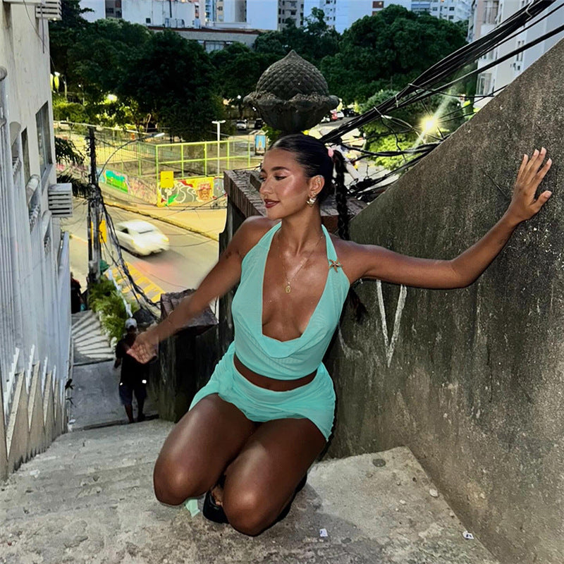 LADIES TWO PIECE MINI SKIRT SET TURQUOISE GREEN (SIZE S - L)