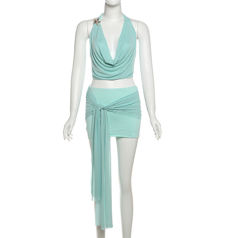 LADIES TWO PIECE MINI SKIRT SET TURQUOISE GREEN (SIZE S - L)