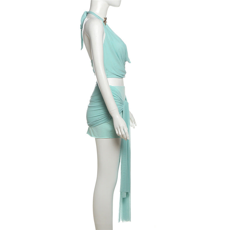 LADIES TWO PIECE MINI SKIRT SET TURQUOISE GREEN (SIZE S - L)