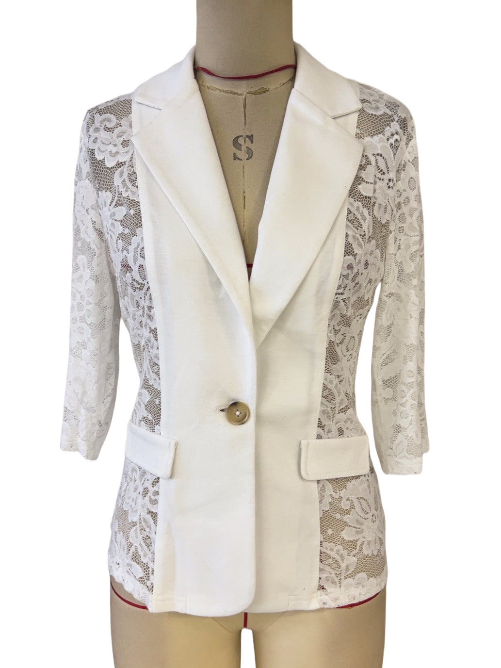 LADIES BLAZER JACKET WITH LACE INSET WHITE / BLACK (SIZE S - 2XL)