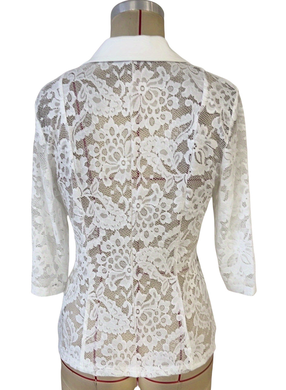 LADIES BLAZER JACKET WITH LACE INSET WHITE / BLACK (SIZE S - 2XL)