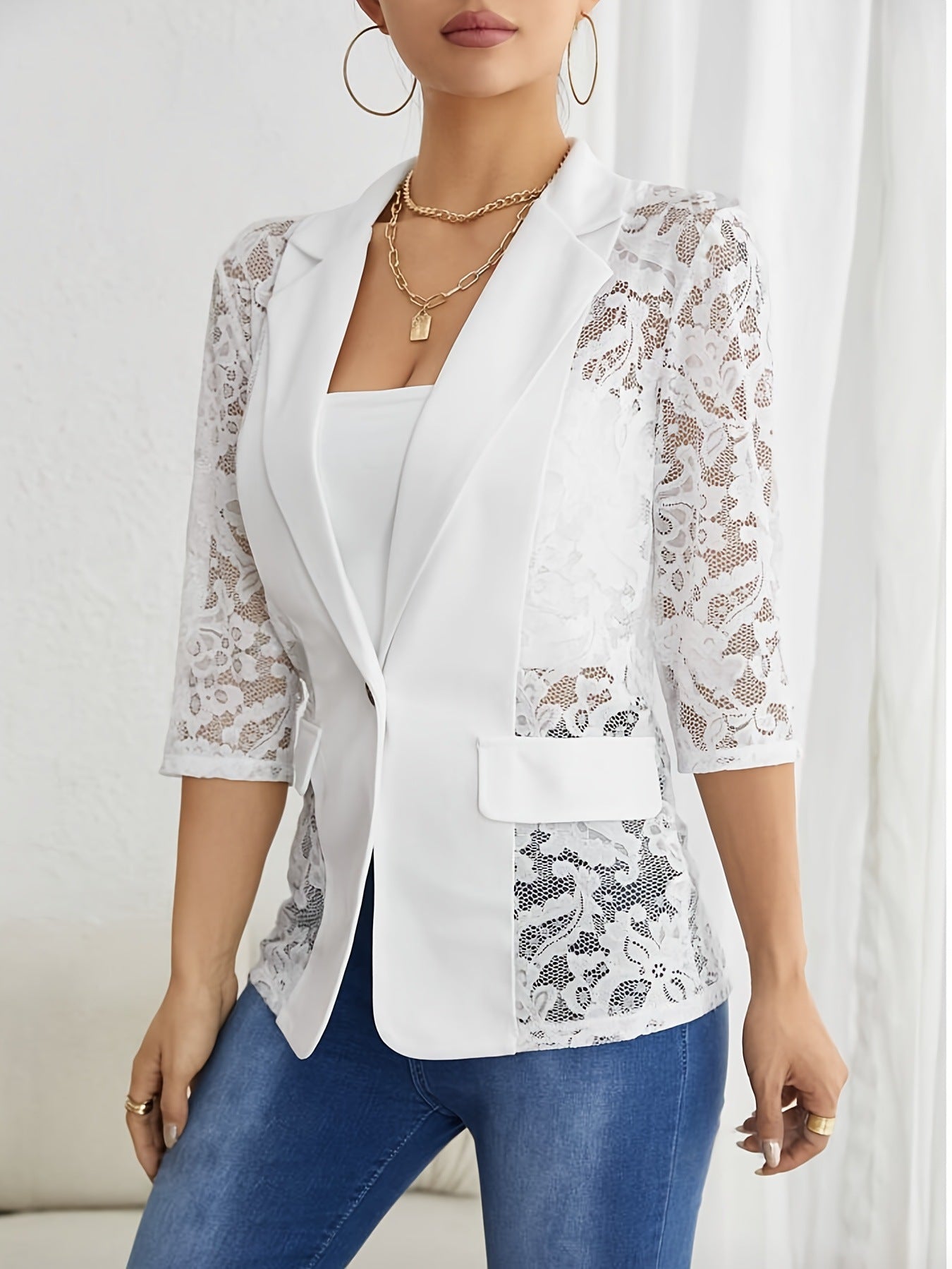 LADIES BLAZER JACKET WITH LACE INSET WHITE / BLACK (SIZE S - 2XL)
