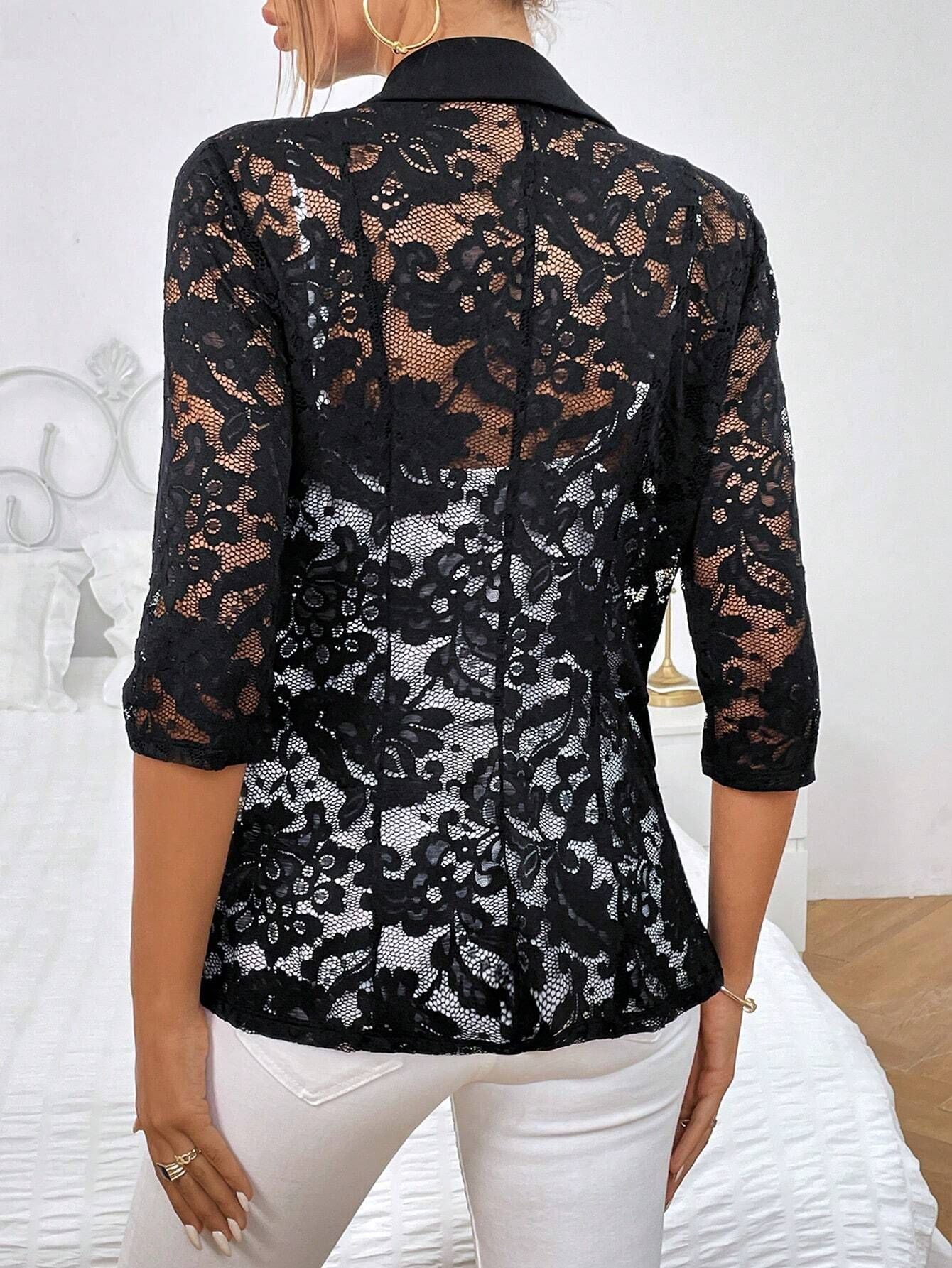 LADIES BLAZER JACKET WITH LACE INSET WHITE / BLACK (SIZE S - 2XL)