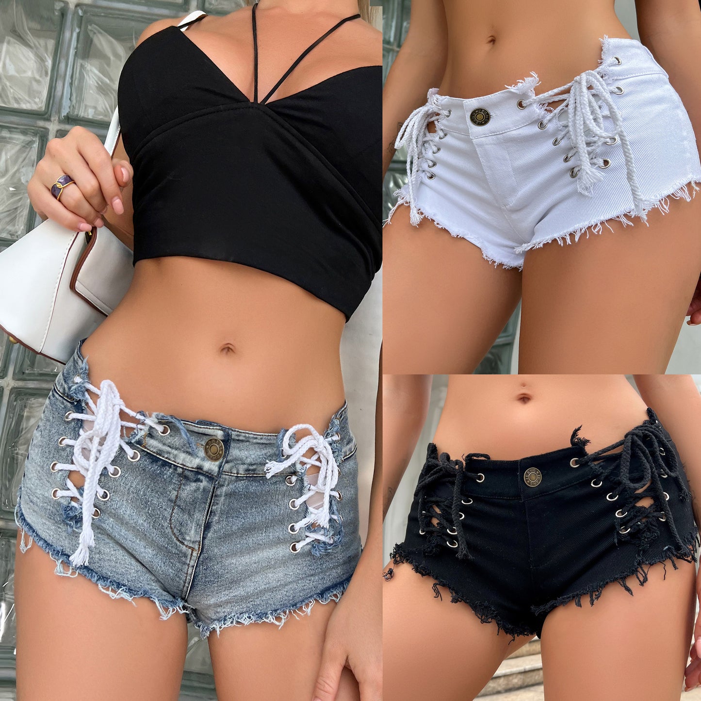 LADIES PLUS SIZE STRETCHY DENIM SHORTS WHITE / BLACK (SIZE S - XL)