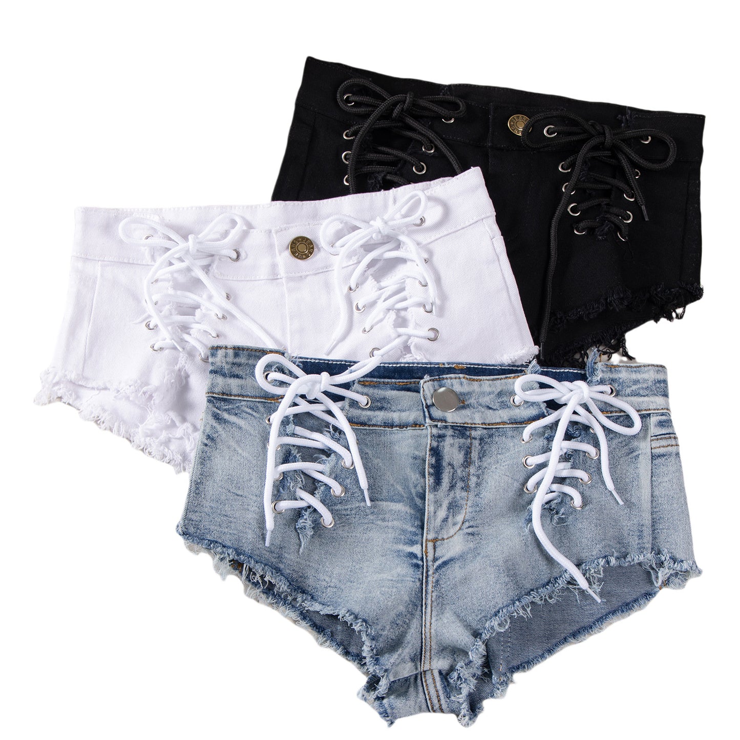 LADIES PLUS SIZE STRETCHY DENIM SHORTS WHITE / BLACK (SIZE S - XL)