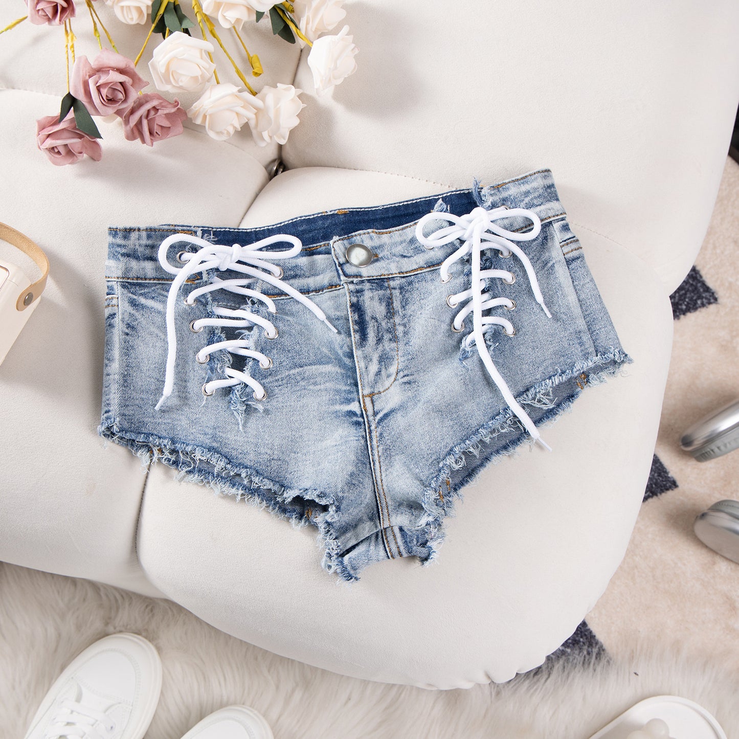LADIES PLUS SIZE STRETCHY DENIM SHORTS BLUE DENIM (SIZE S - XL)