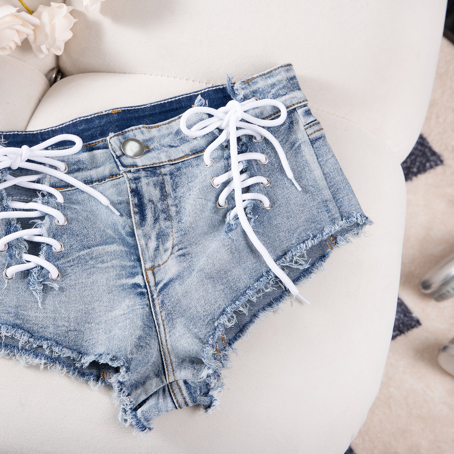 LADIES PLUS SIZE STRETCHY DENIM SHORTS BLUE DENIM (SIZE S - XL)