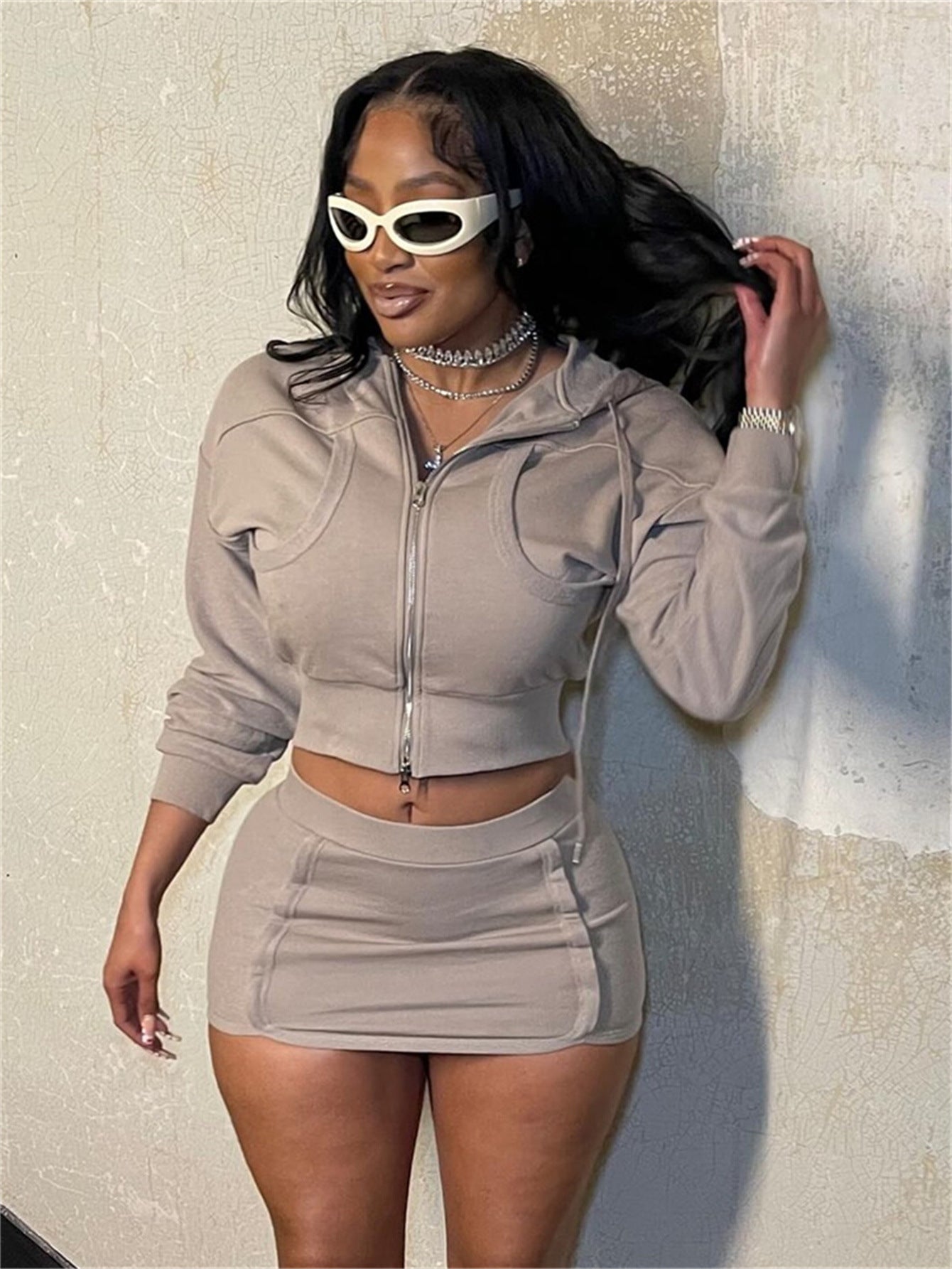 LADIES TWO PIECE ZIPPER JACKET & SKIRT SET APRICOT-BEIGE / KHAKI / PINK / BLACK (SIZE S - L)