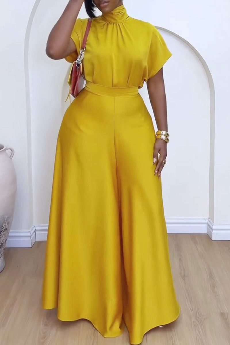 LADIES TWO PIECE SHORT SLEEVE TOP & WIDE LEG PANTS SET YELLOW / BLACK / BROWN (SIZE S - 3XL)
