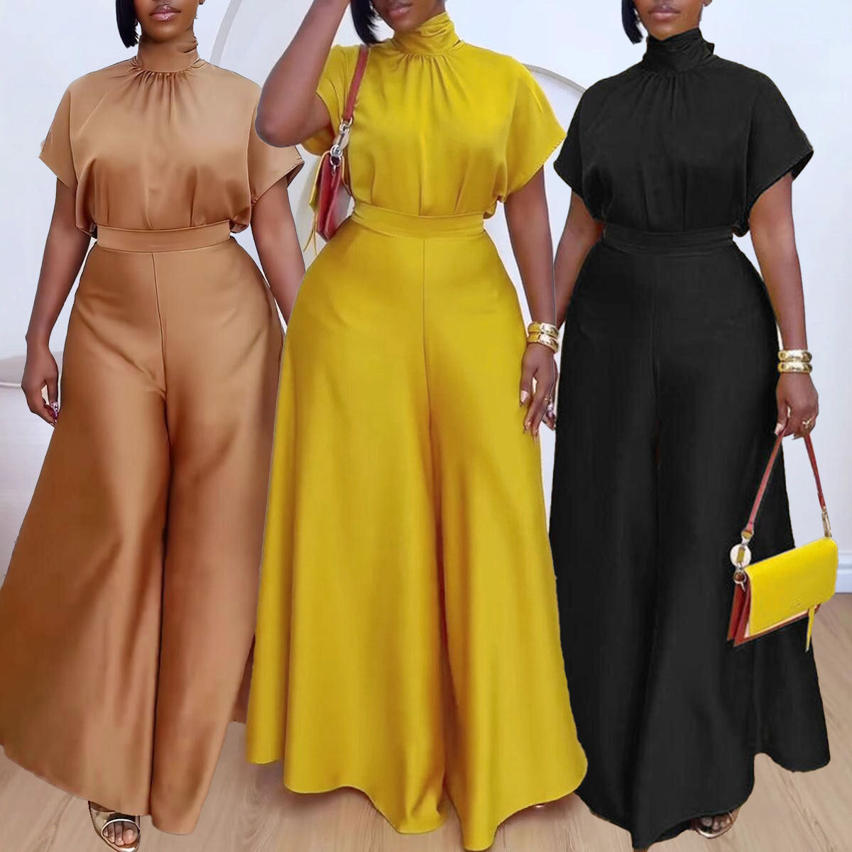 LADIES TWO PIECE SHORT SLEEVE TOP & WIDE LEG PANTS SET YELLOW / BLACK / BROWN (SIZE S - 3XL)