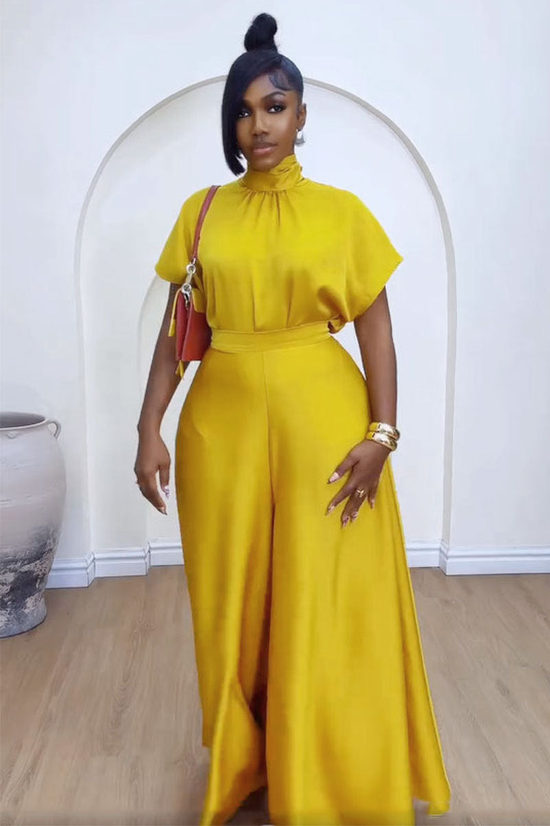 LADIES TWO PIECE SHORT SLEEVE TOP & WIDE LEG PANTS SET YELLOW / BLACK / BROWN (SIZE S - 3XL)
