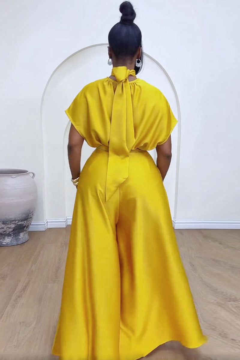 LADIES TWO PIECE SHORT SLEEVE TOP & WIDE LEG PANTS SET YELLOW / BLACK / BROWN (SIZE S - 3XL)