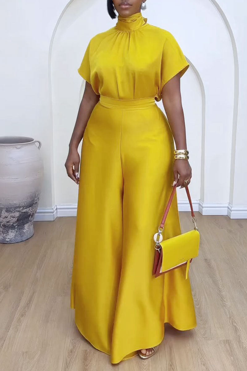 LADIES TWO PIECE SHORT SLEEVE TOP & WIDE LEG PANTS SET YELLOW / BLACK / BROWN (SIZE S - 3XL)