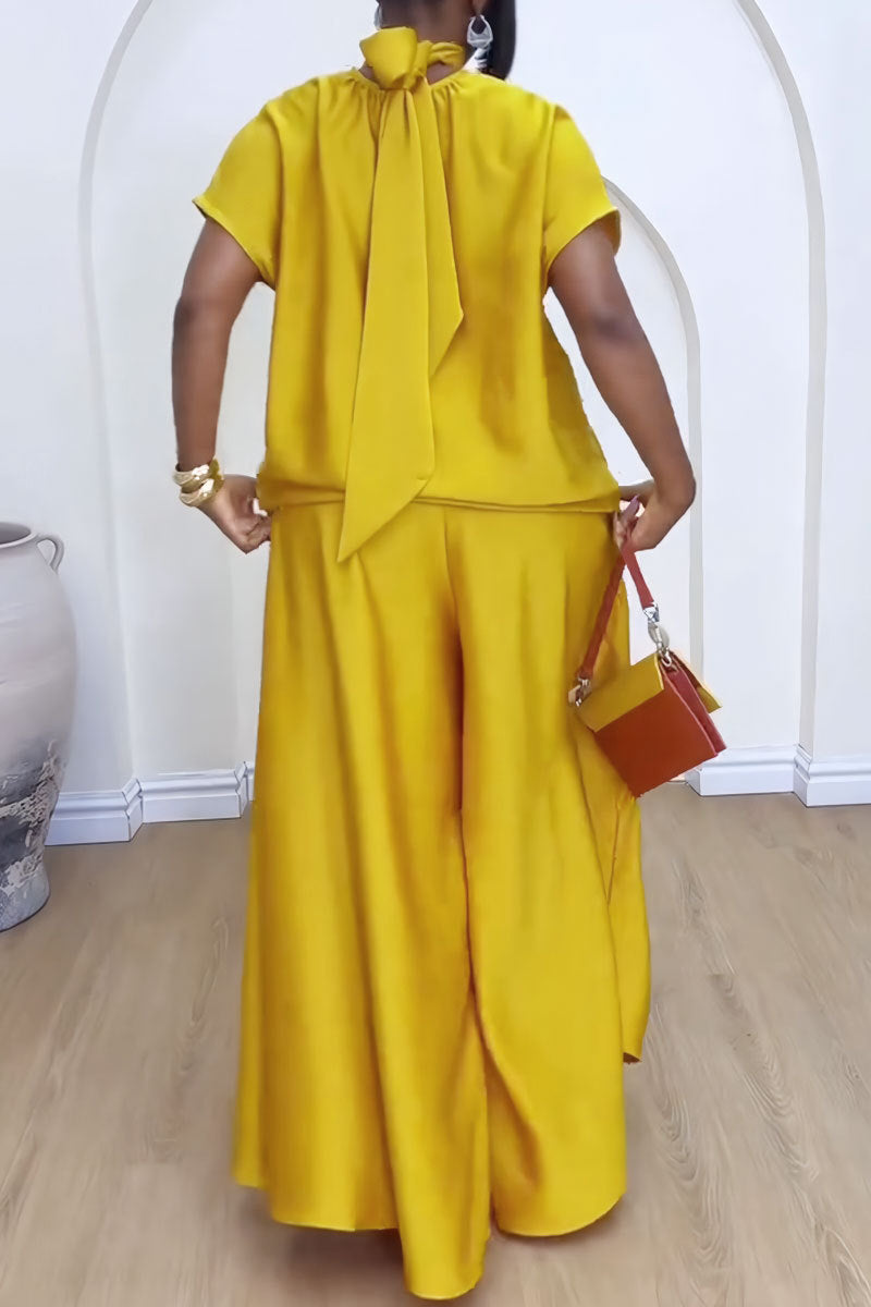 LADIES TWO PIECE SHORT SLEEVE TOP & WIDE LEG PANTS SET YELLOW / BLACK / BROWN (SIZE S - 3XL)