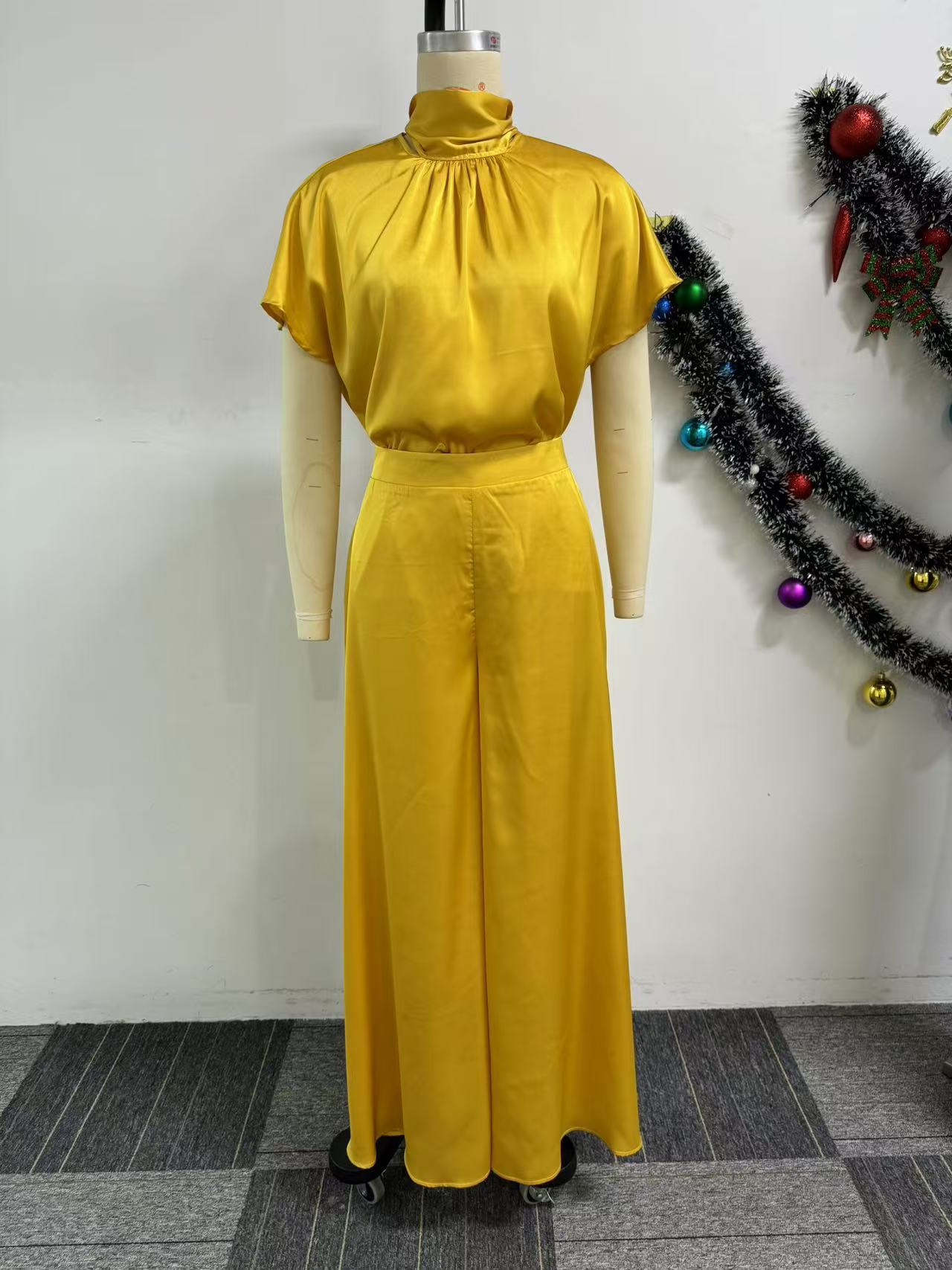 LADIES TWO PIECE SHORT SLEEVE TOP & WIDE LEG PANTS SET YELLOW / BLACK / BROWN (SIZE S - 3XL)