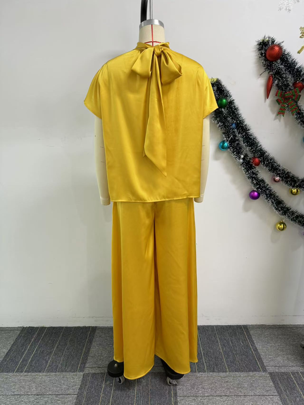 LADIES TWO PIECE SHORT SLEEVE TOP & WIDE LEG PANTS SET YELLOW / BLACK / BROWN (SIZE S - 3XL)