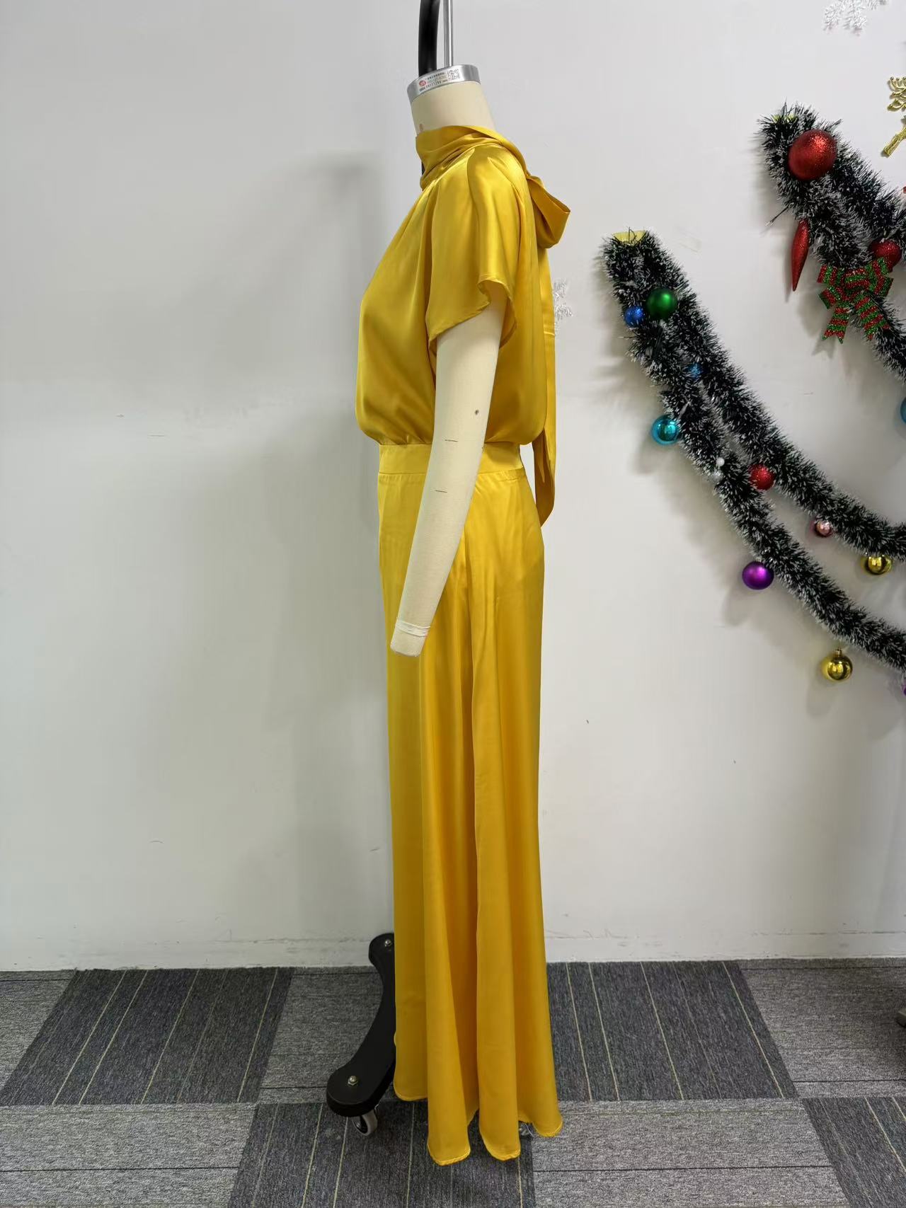 LADIES TWO PIECE SHORT SLEEVE TOP & WIDE LEG PANTS SET YELLOW / BLACK / BROWN (SIZE S - 3XL)