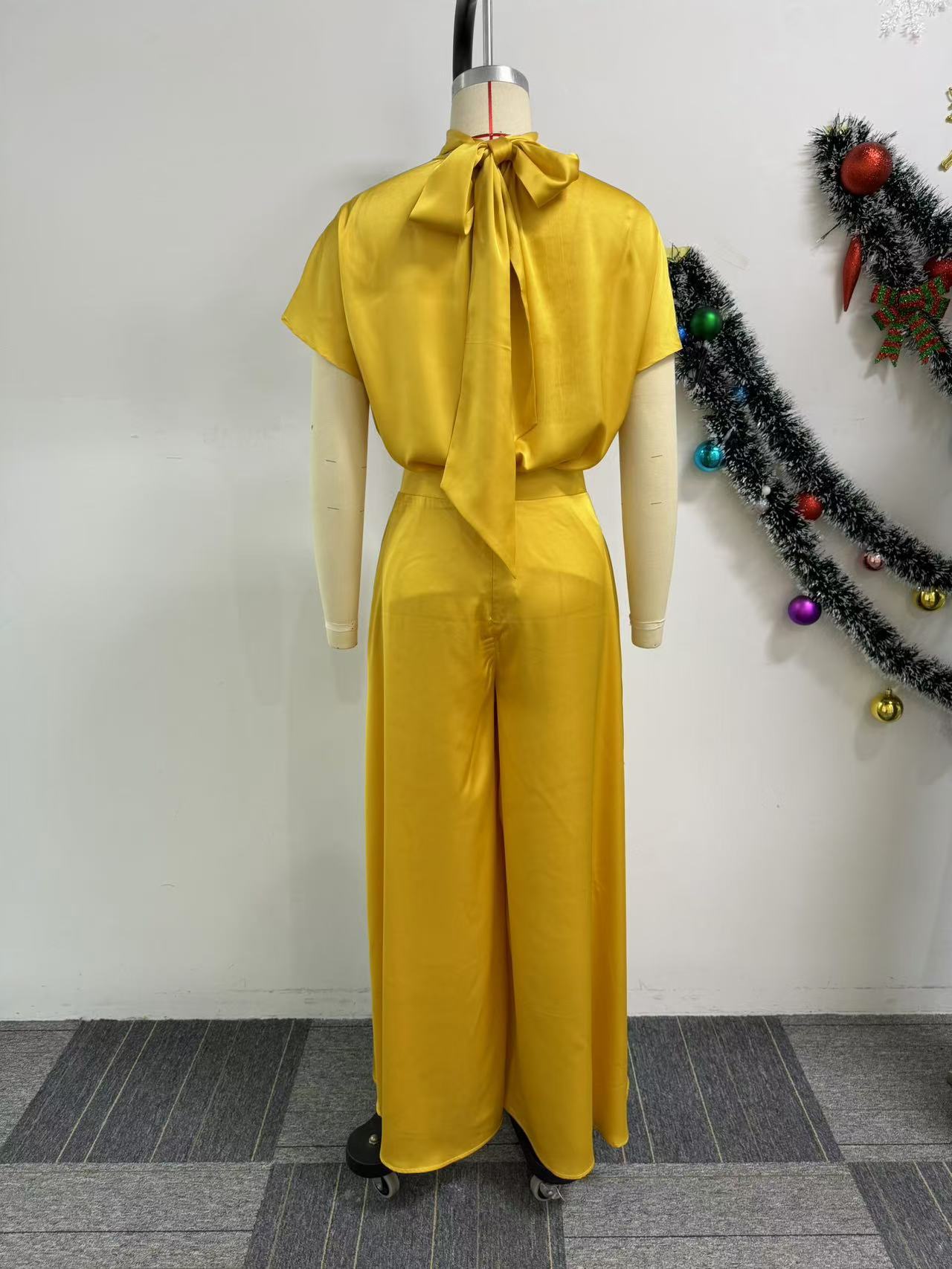 LADIES TWO PIECE SHORT SLEEVE TOP & WIDE LEG PANTS SET YELLOW / BLACK / BROWN (SIZE S - 3XL)