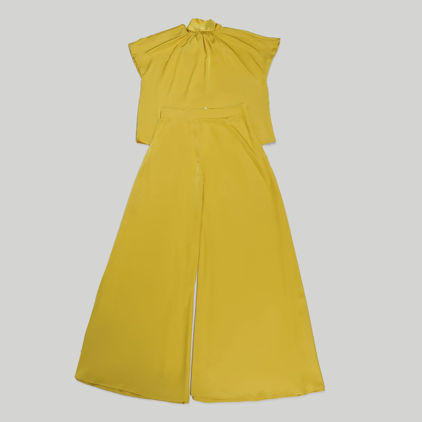 LADIES TWO PIECE SHORT SLEEVE TOP & WIDE LEG PANTS SET YELLOW / BLACK / BROWN (SIZE S - 3XL)
