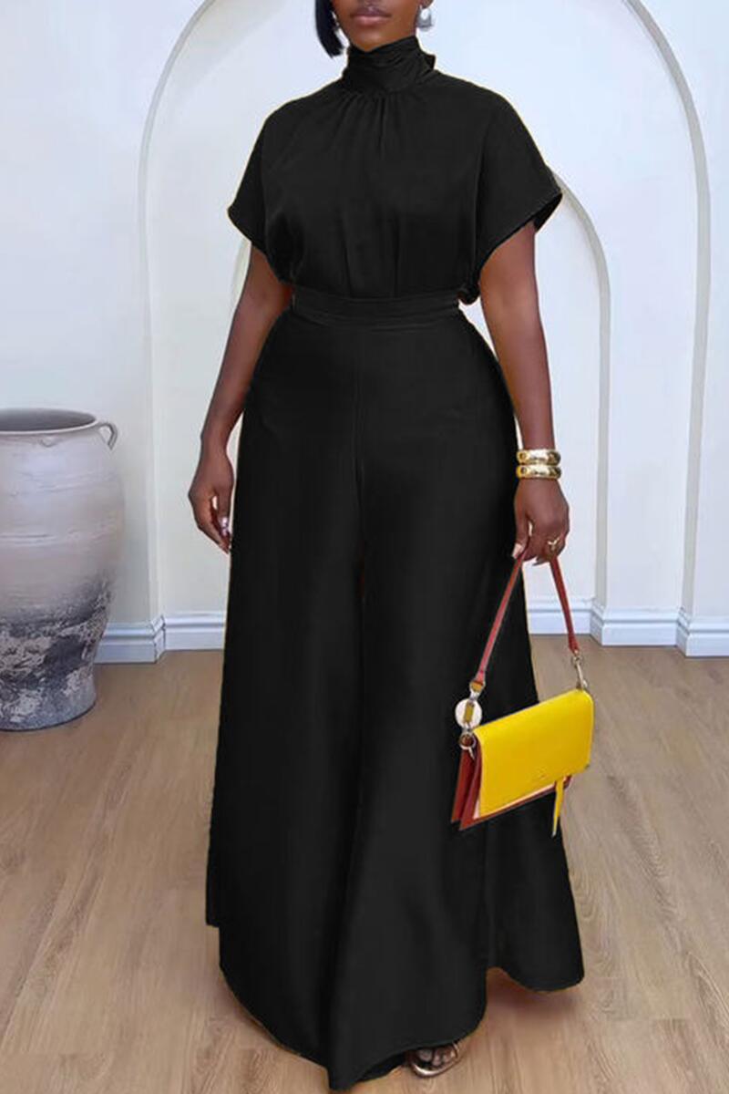 LADIES TWO PIECE SHORT SLEEVE TOP & WIDE LEG PANTS SET YELLOW / BLACK / BROWN (SIZE S - 3XL)