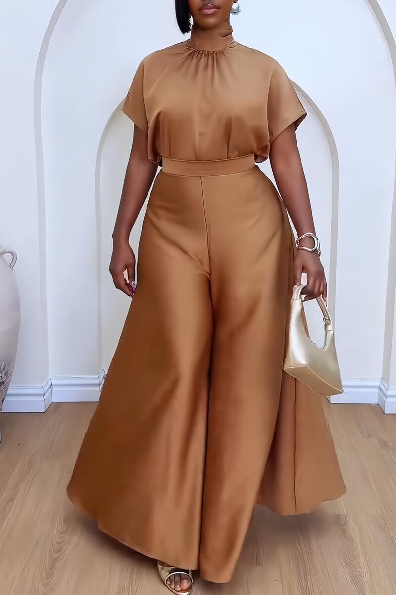 LADIES TWO PIECE SHORT SLEEVE TOP & WIDE LEG PANTS SET YELLOW / BLACK / BROWN (SIZE S - 3XL)