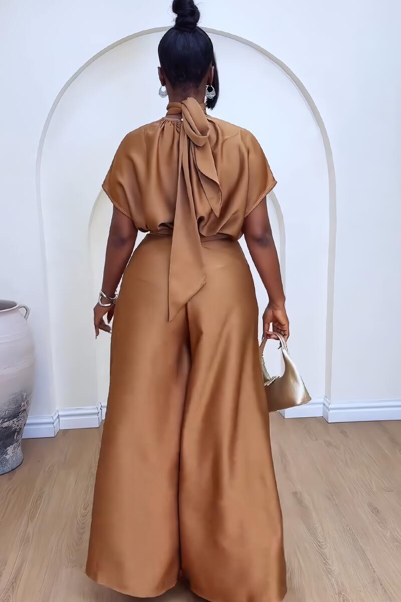 LADIES TWO PIECE SHORT SLEEVE TOP & WIDE LEG PANTS SET YELLOW / BLACK / BROWN (SIZE S - 3XL)