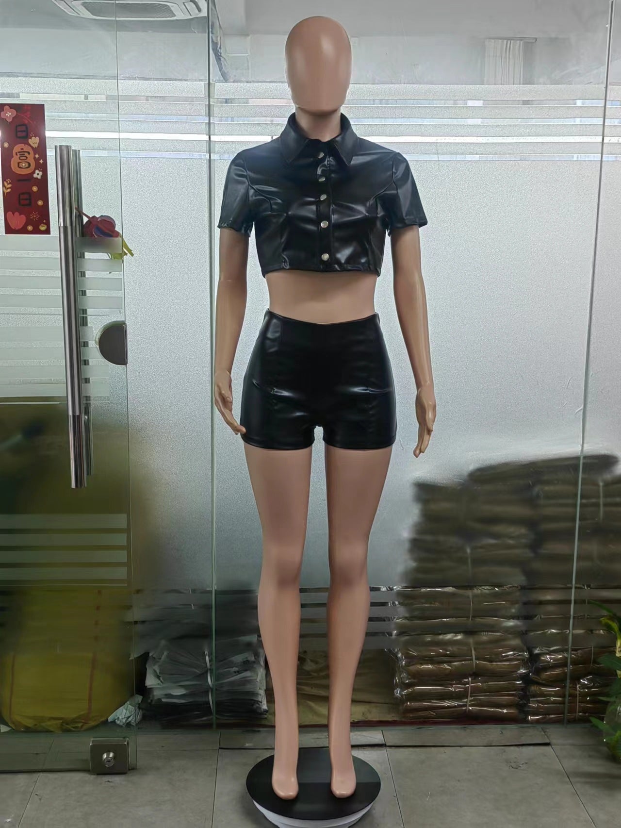 LADIES PU LEATHER SHORT SLEEVE SHIRT & SHORTS SET BLACK /RED (SIZE XS - XL)