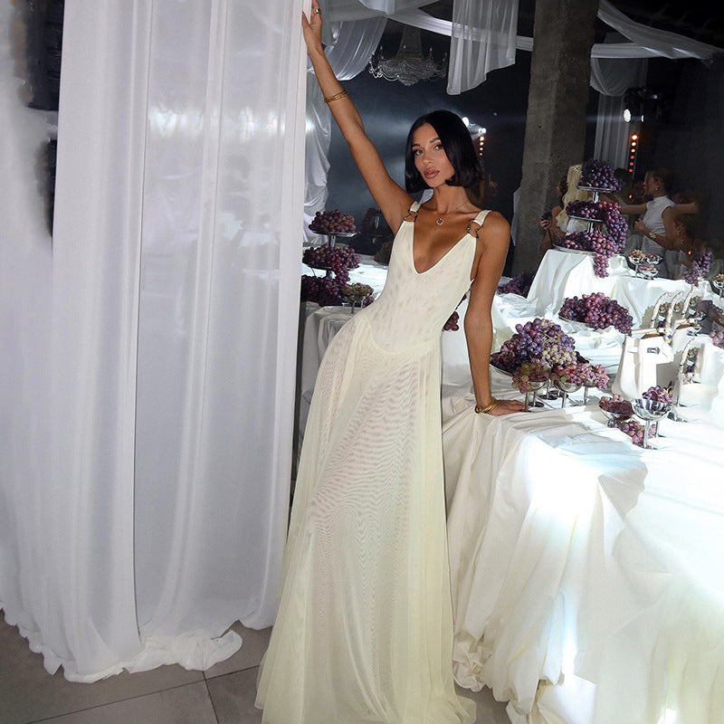 LADIES BACKLESS LONG DRESS APRICOT-BEIGE (SIZE S - L)