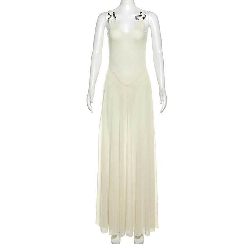LADIES BACKLESS LONG DRESS APRICOT-BEIGE (SIZE S - L)