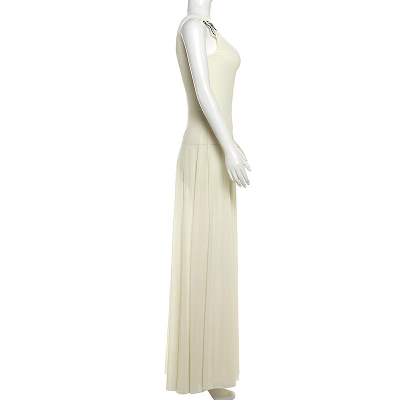 LADIES BACKLESS LONG DRESS APRICOT-BEIGE (SIZE S - L)