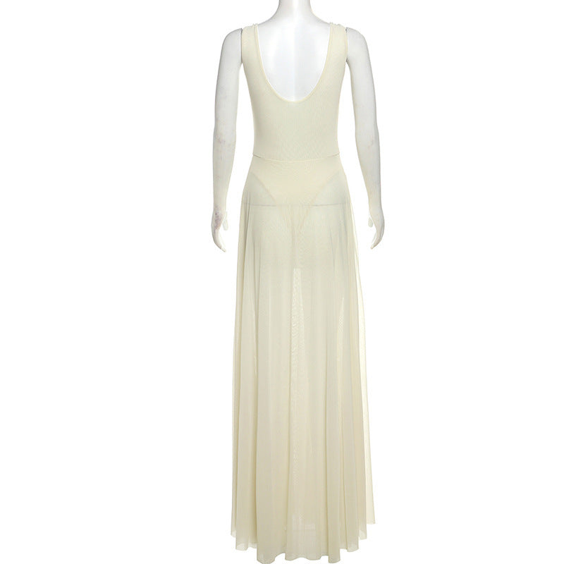 LADIES BACKLESS LONG DRESS APRICOT-BEIGE (SIZE S - L)