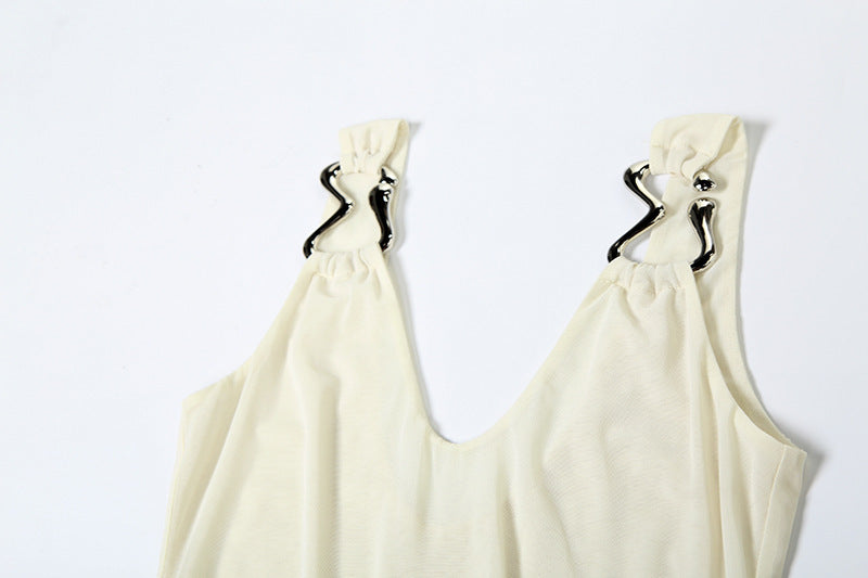 LADIES BACKLESS LONG DRESS APRICOT-BEIGE (SIZE S - L)