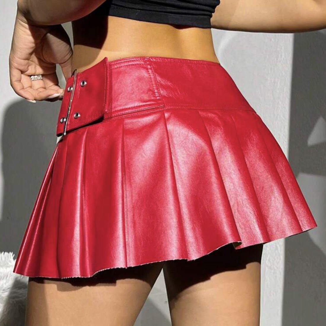 LADIES PU LEATHER MINI SKIRT BLACK / SILVER / RED (SIZE XS - XL)