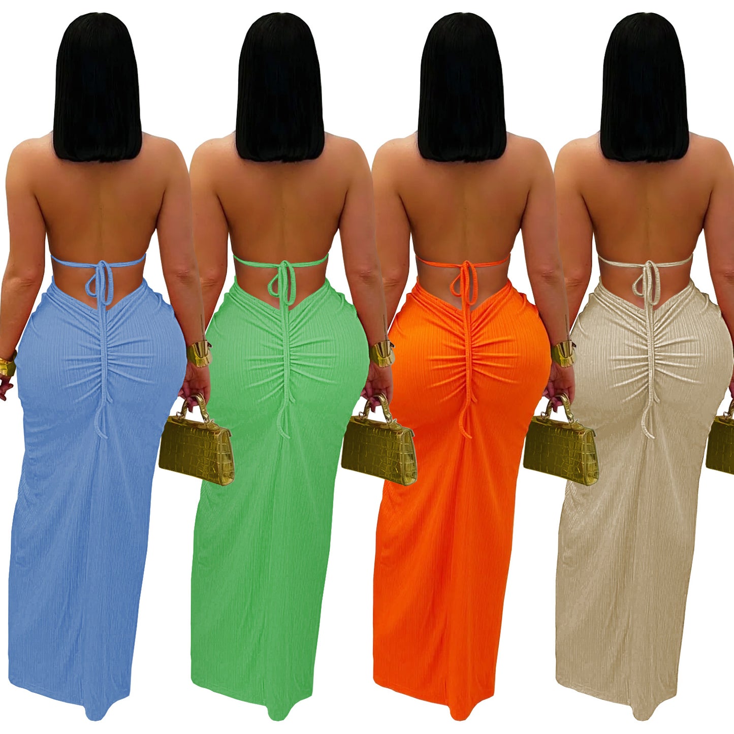 LADIES HALTERNECK NIGHTCLUB DRESS BLUE / GREEN / ORANGE / KHAKI (SIZE S - 2XL)