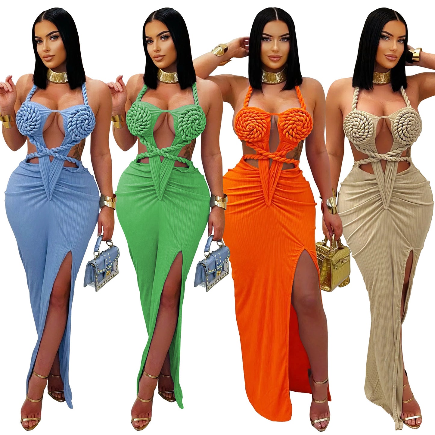 LADIES HALTERNECK NIGHTCLUB DRESS BLUE / GREEN / ORANGE / KHAKI (SIZE S - 2XL)