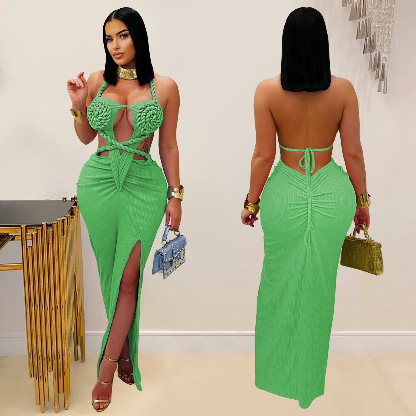 LADIES HALTERNECK NIGHTCLUB DRESS BLUE / GREEN / ORANGE / KHAKI (SIZE S - 2XL)