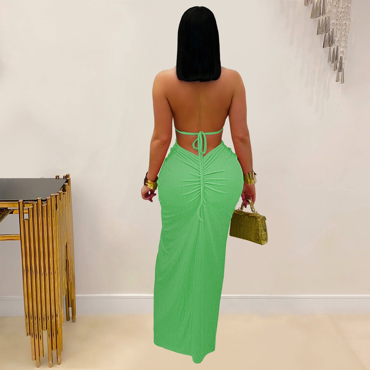 LADIES HALTERNECK NIGHTCLUB DRESS BLUE / GREEN / ORANGE / KHAKI (SIZE S - 2XL)
