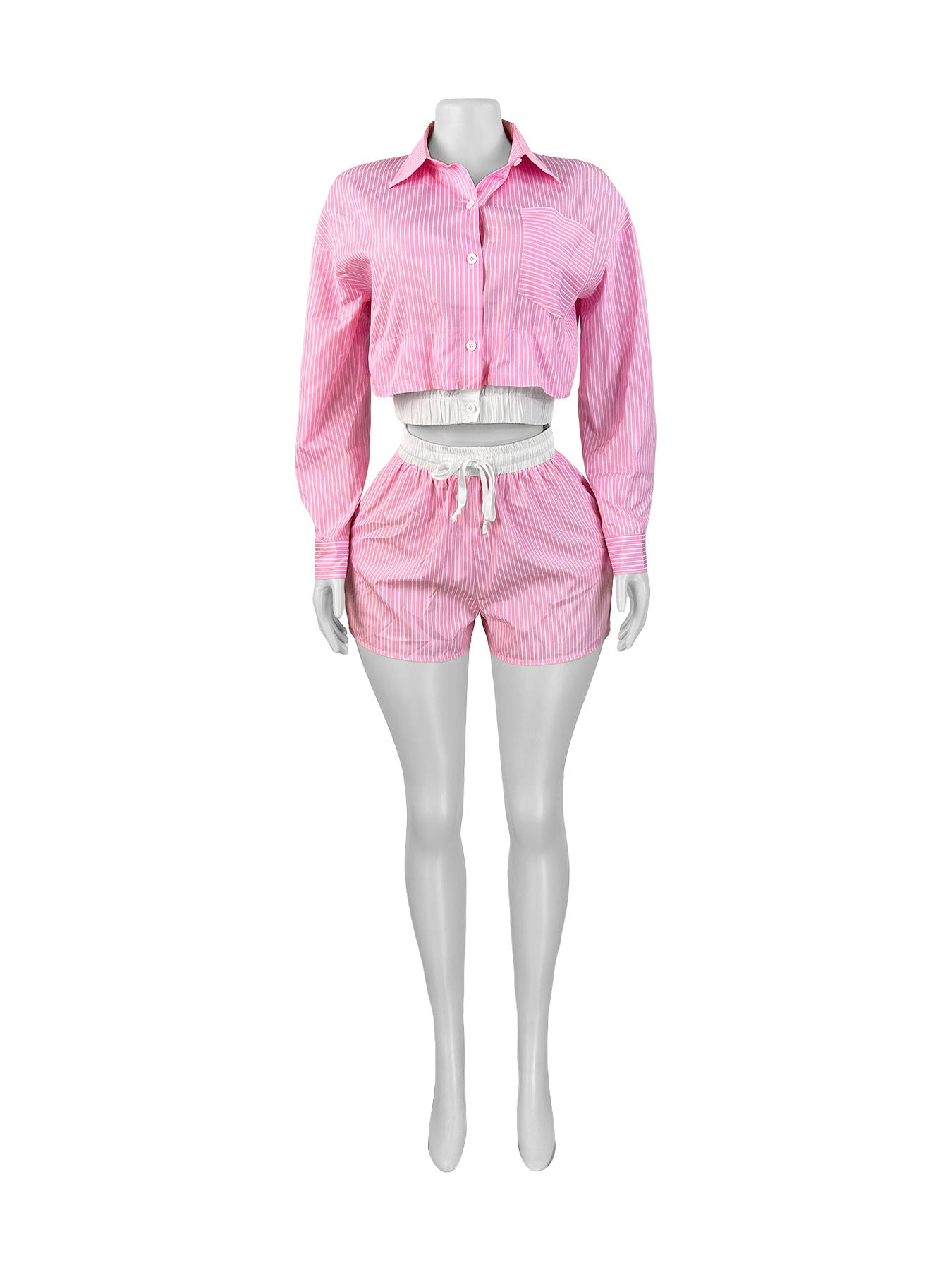 LADIES TWO PIECE SHIRT & SHORTS SET LIGHT BLUE / PINK (SIZE S - 2XL)