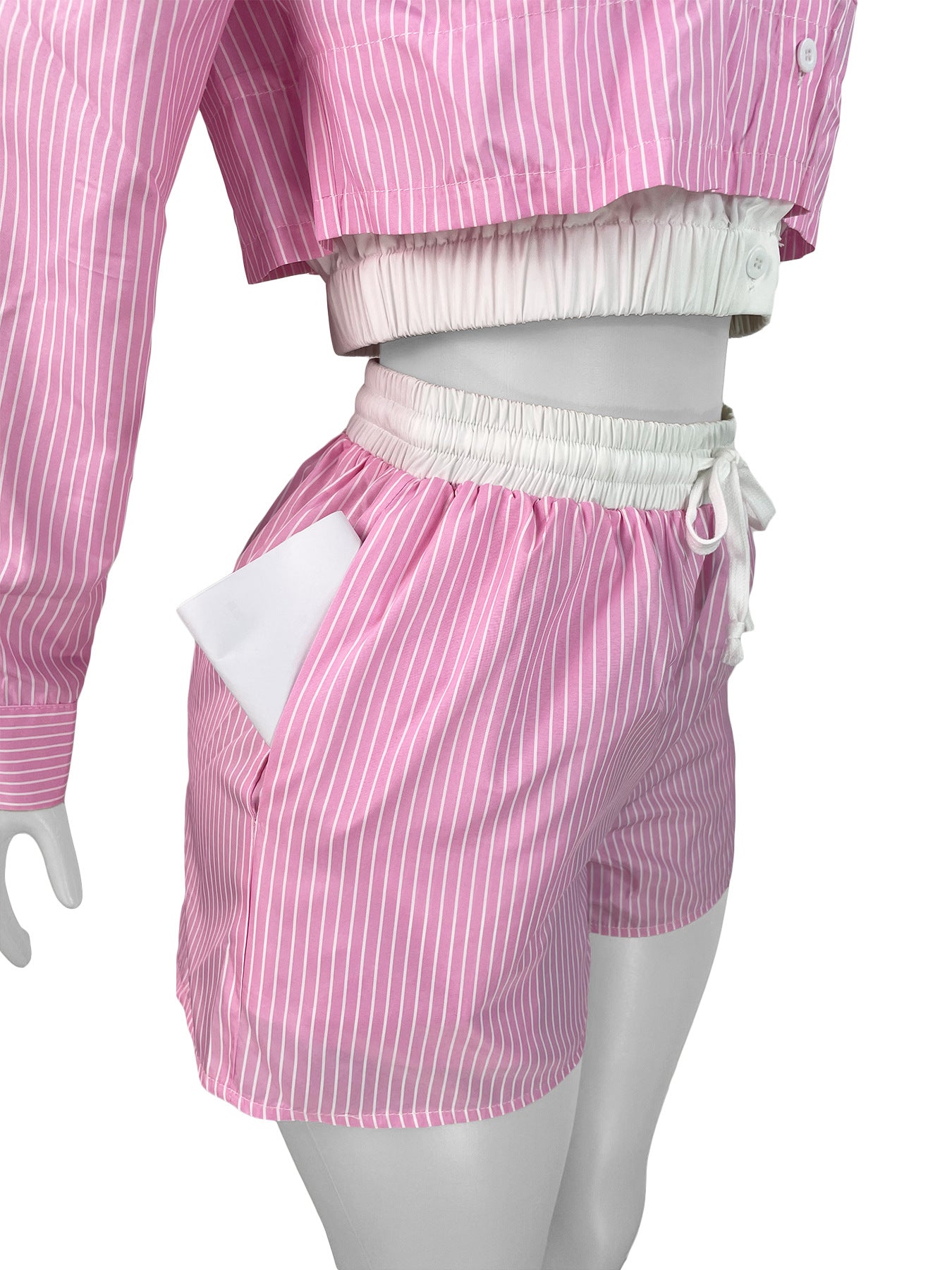LADIES TWO PIECE SHIRT & SHORTS SET LIGHT BLUE / PINK (SIZE S - 2XL)