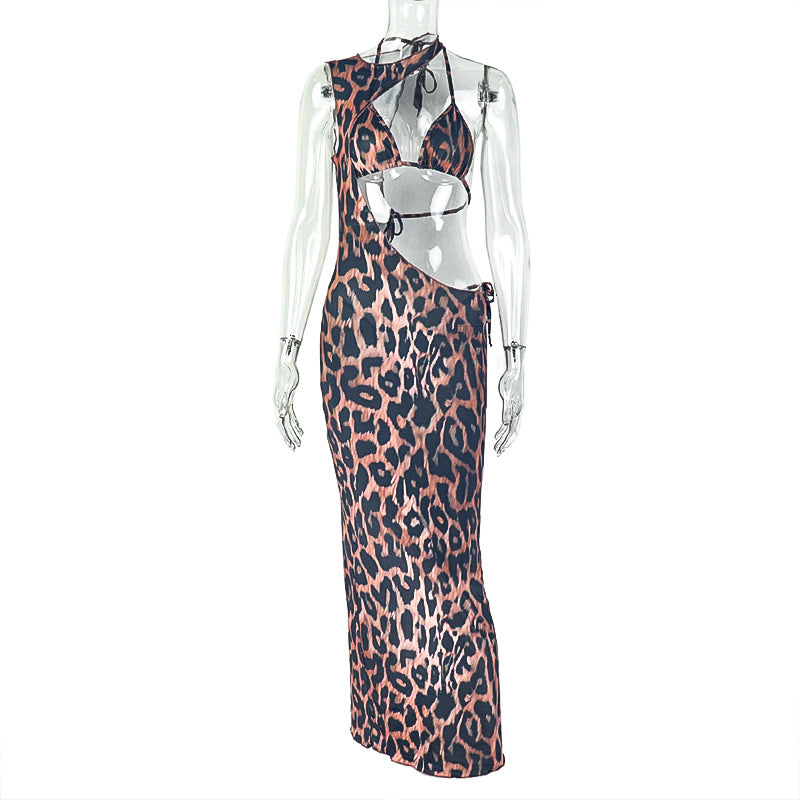 LADIES TWO PIECE BEACHWEAR TOP & SKIRT SET LEOPARD PRINT (SIZE S - L)