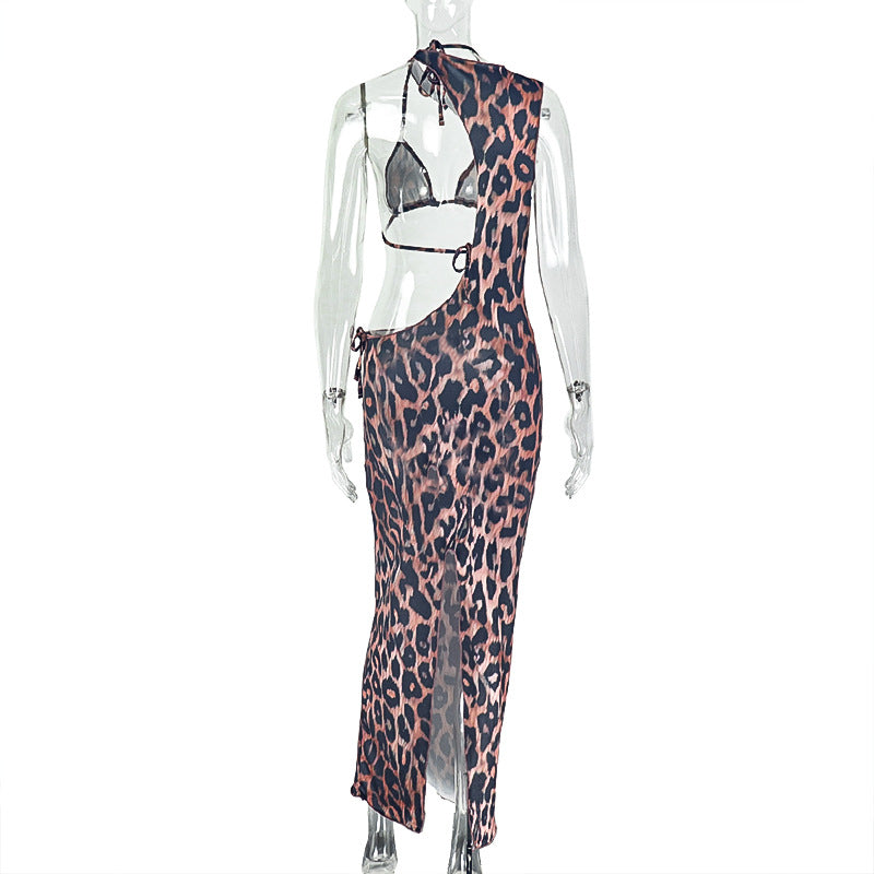LADIES TWO PIECE BEACHWEAR TOP & SKIRT SET LEOPARD PRINT (SIZE S - L)