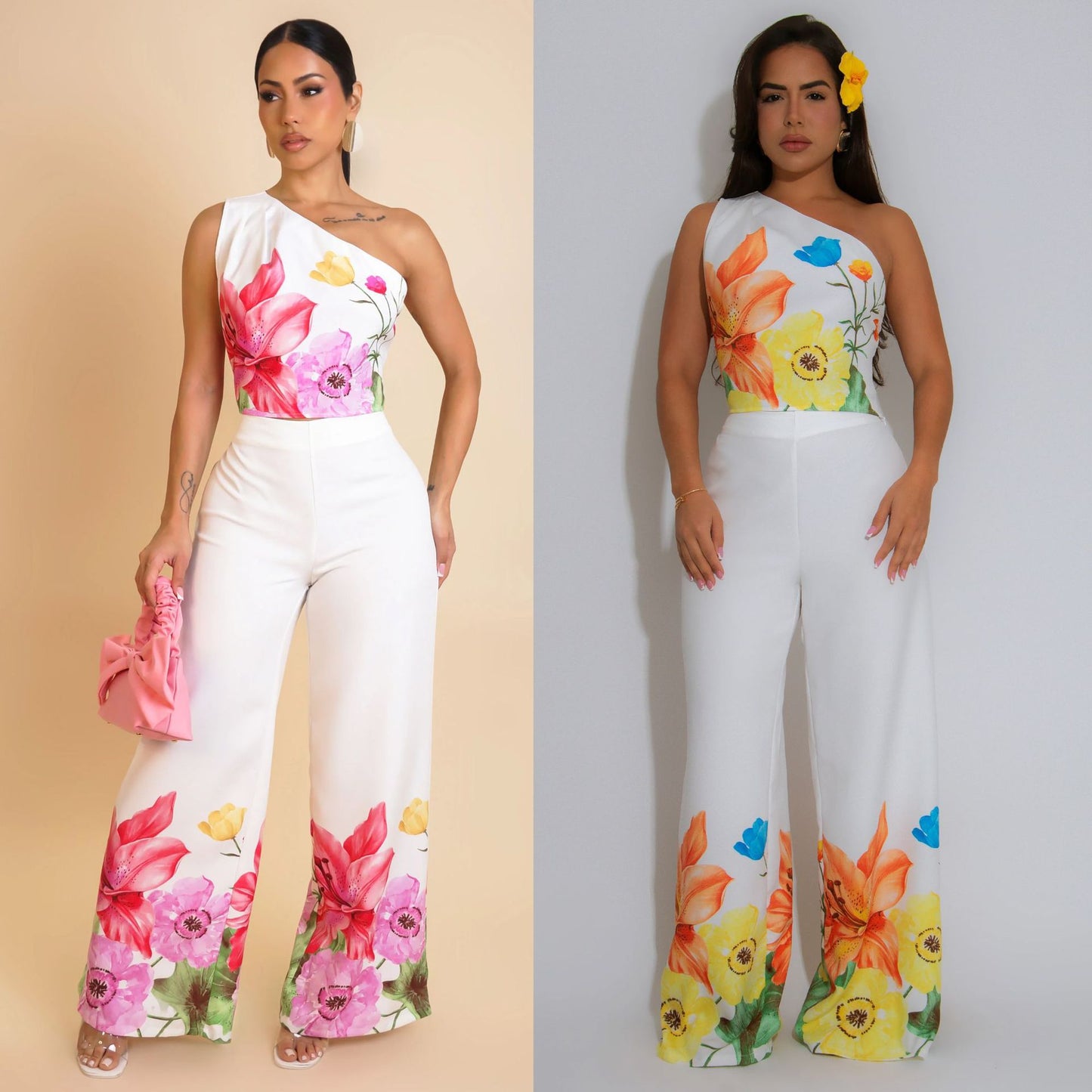 LADIES TWO PIECEONE SHOULDER TOP & PANTS SET WHITE-PINK / WHITE-YELLOW (SIZE S - 3XL)